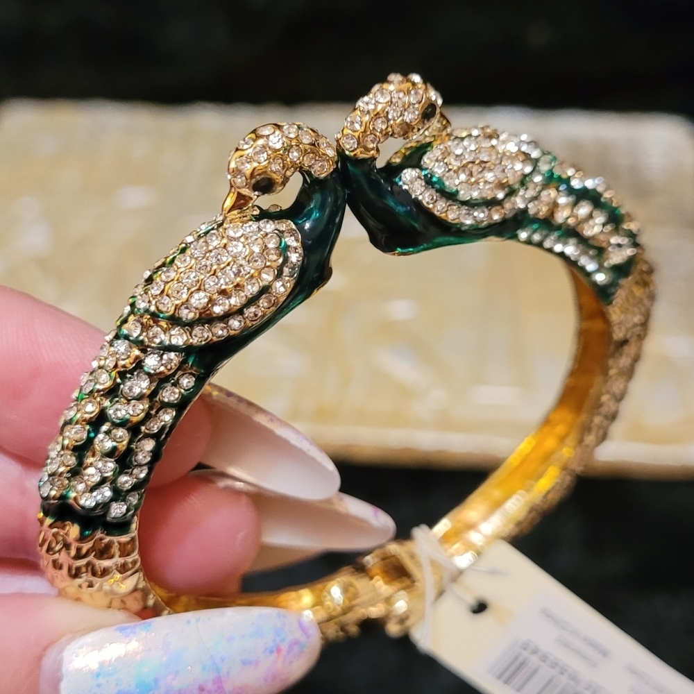 SOLD Amrita Singh Rare Red Austrian Crystal Emerald Peacock Gold Hinge Bracelet - Picture 4 of 16
